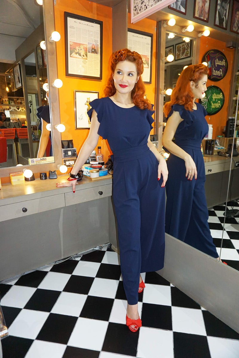 Knitee Women's Vintage Sleeveless Ruffle High Waist Wide Leg Romper Formal Long Jumpsuit with Belt (Navy Blue, Medium) - Image 4